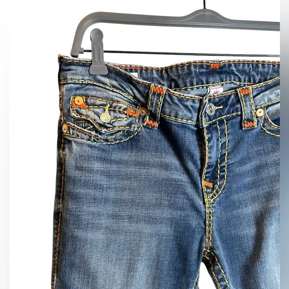 Women’s True Religion Y2K Orange Stitch Billie Mid Rise Straight Jeans Size 32 - Picture 2 of 7